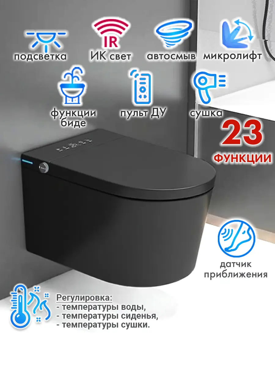 Смарт унитаз подвесной HAITEC HT-ESTPG02 BLACK автоматизированный с встроенным бачком
